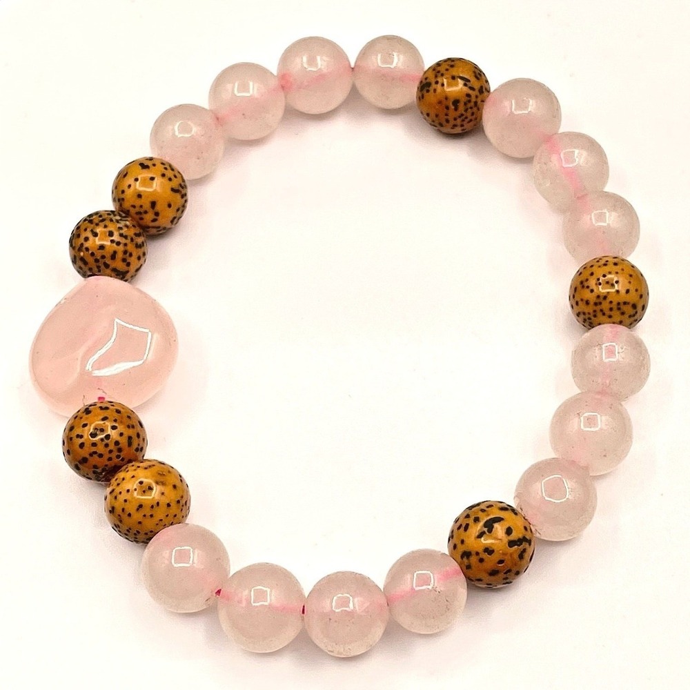 Vintage Pink Heart Stone Look Speckled Bead Stretch Bracelet Boho Love Statement